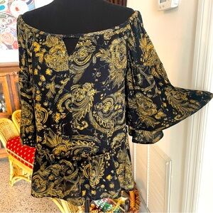 Sun & Shadow Black and Gold Paisley Blouse